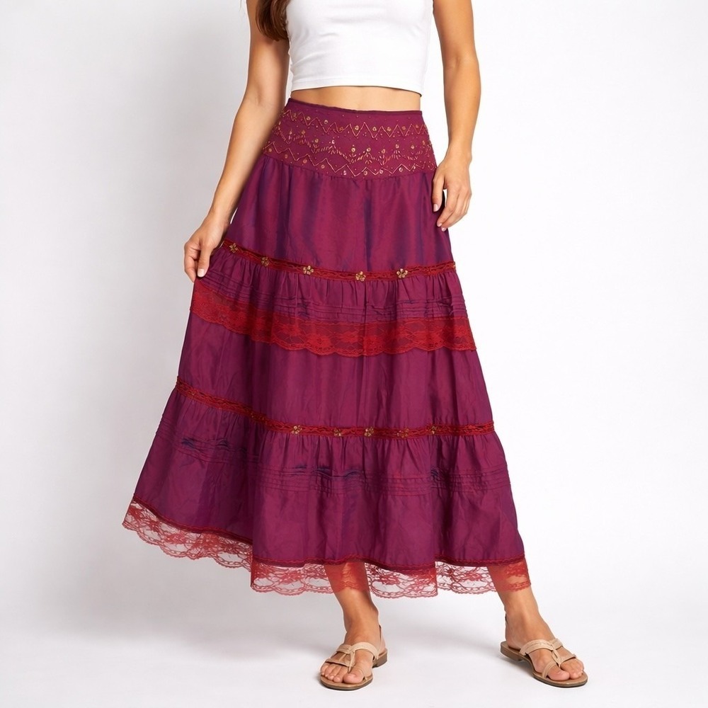 Giorgio of Italy Boho Midi Skirt  Womens M Beaded Lace Tiered Purple Shimmer